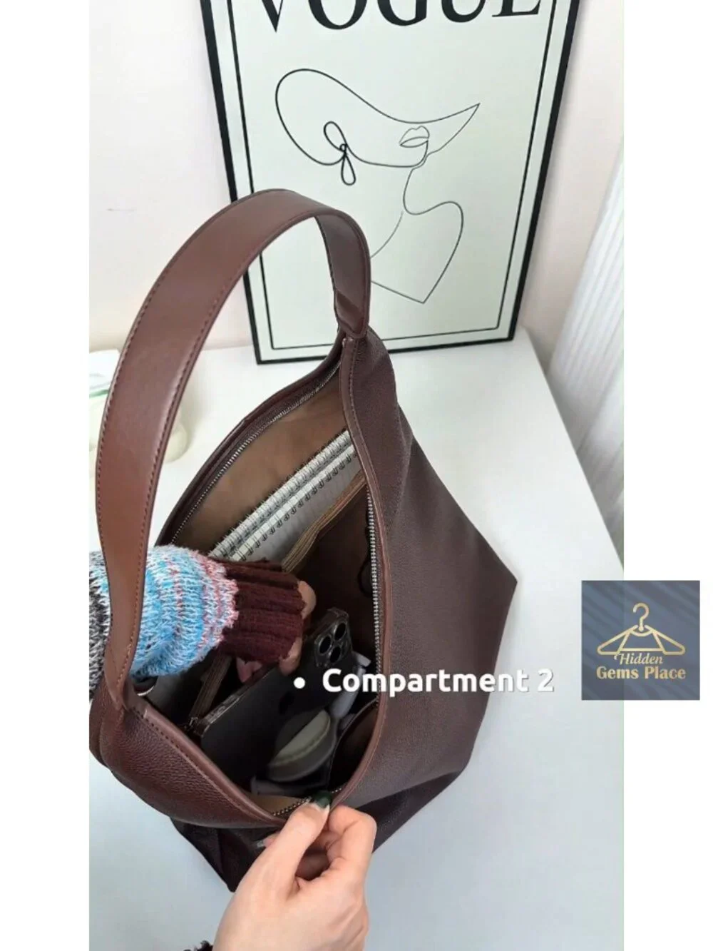 Large Hobo Bag, Soft Vegan Leather Shoulder Tote with Zipper, Multiple Pockets,